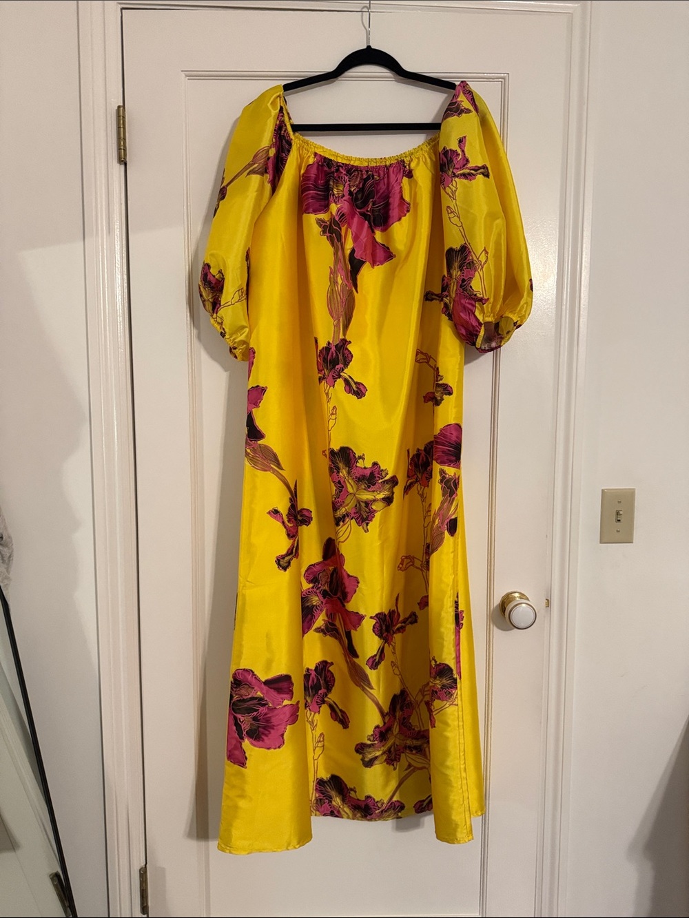 Anthroplogie Atsu Bright Yellow Maxi Dress with Pink Floral Print